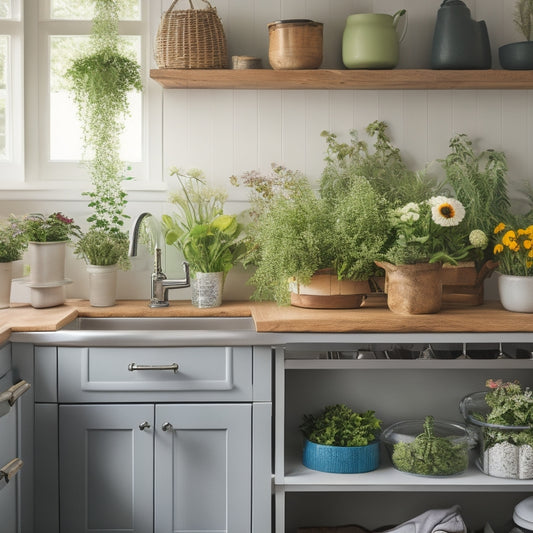 A clutter-free kitchen countertop with a tiered storage rack, a utensil organizer, and a small herb garden, surrounded by a few strategically placed appliances and a vase with fresh flowers.