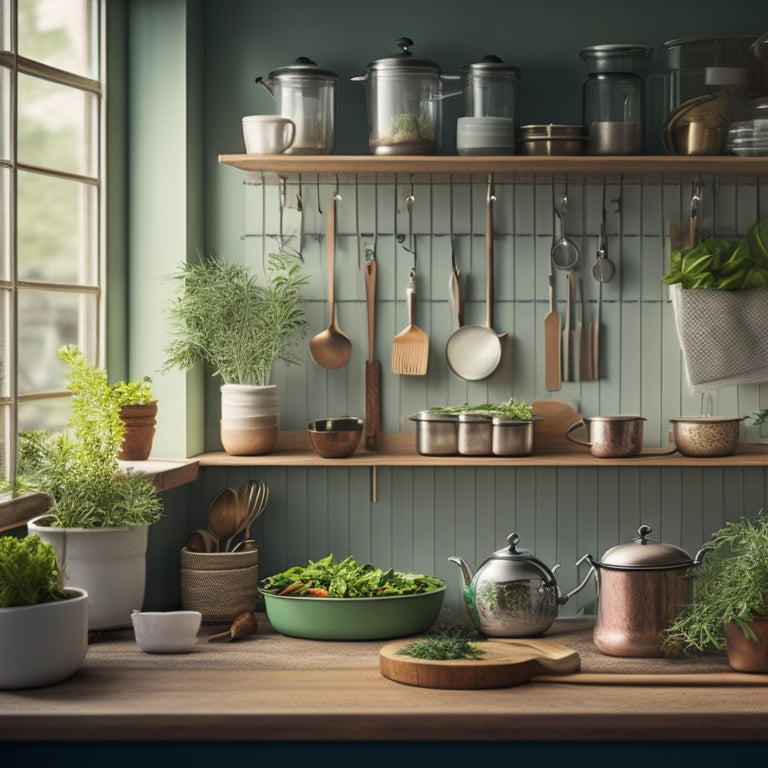A serene kitchen scene: a few, carefully-chosen utensils hang neatly from a pegboard, a small, thriving herb garden sits on a windowsill, and a single, steaming cup sits on a clutter-free counter.