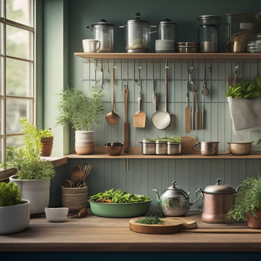 A serene kitchen scene: a few, carefully-chosen utensils hang neatly from a pegboard, a small, thriving herb garden sits on a windowsill, and a single, steaming cup sits on a clutter-free counter.