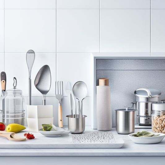 A serene kitchen counter with a few carefully selected, modern, and sleek tools: a stainless steel utensil organizer, a compact silicone spice rack, and a simple, ergonomic chef's knife, set against a clean white background.