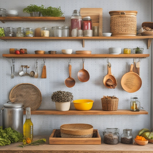 A clutter-free kitchen with a pegboard on a wall, holding utensils and baskets, alongside a repurposed mason jar spice rack and a DIY shelf made from reclaimed wood, with a few cookbooks and a vase.