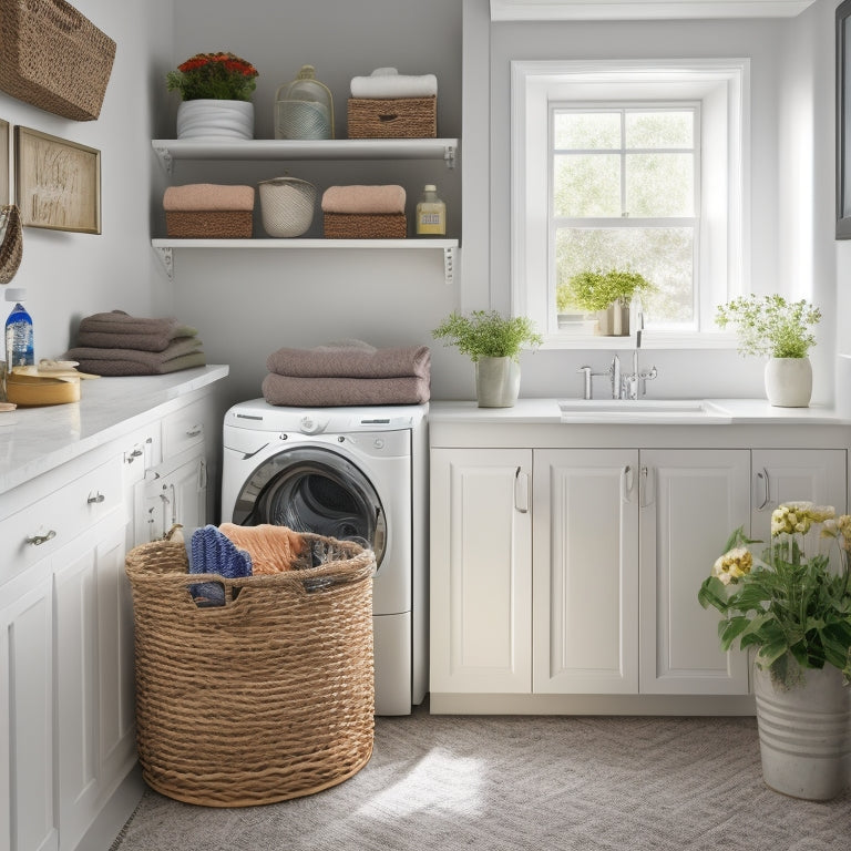 A tidy, well-lit laundry room with a custom caddy, adorned with neatly organized cleaning supplies, standing against a crisp white background, with a few fresh flowers on the counter.