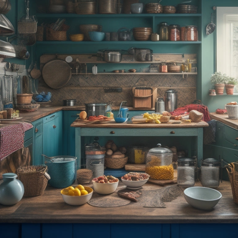 A cluttered kitchen scene with countertops overflowing with utensils, cookbooks, and appliances, surrounded by a messy island and a haphazardly organized pantry, contrasted with a few neat storage baskets in the corner.