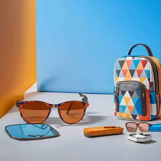 A sleek, modern backpack with bold, geometric patterns and vibrant accents, surrounded by scattered personal items like sunglasses, phone, and wallet, set against a minimalist, neutral-colored background.