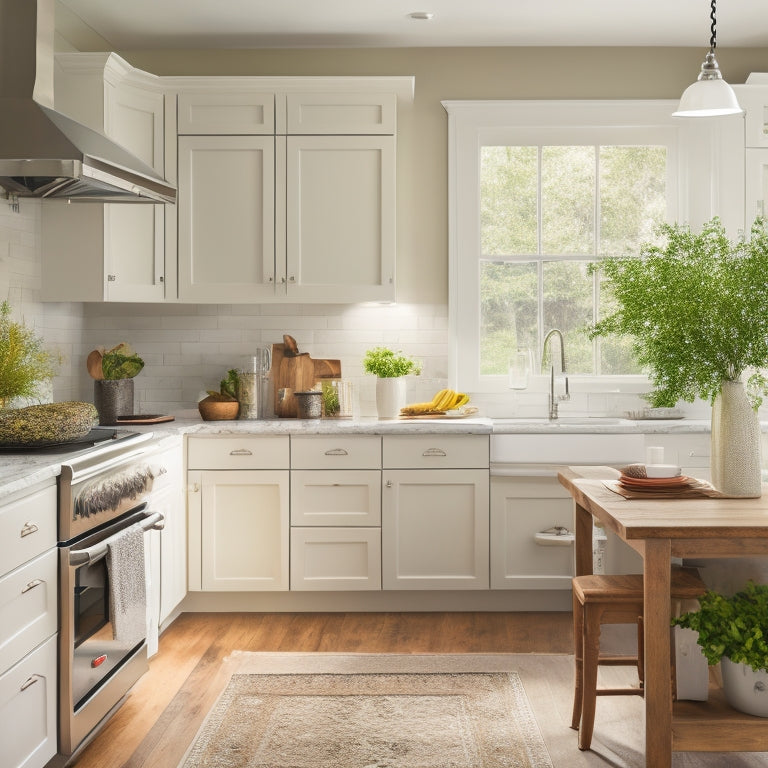 A serene kitchen with creamy white cabinets, warm wood accents, and gleaming stainless steel appliances, featuring a tidy island with a few strategically placed cookbooks and a small vase with fresh greenery.