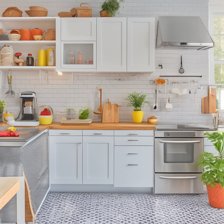 A bright, modern small kitchen with sleek white cabinets, a stainless steel refrigerator, and a wooden island with built-in drawers, showcasing a pegboard with hanging utensils and a foldable step stool.