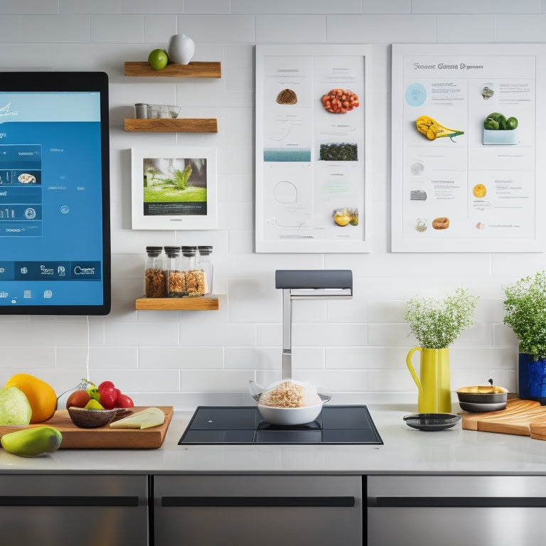 A modern kitchen with a large, sleek tablet mounted on the wall, displaying a colorful, organized dashboard with icons and charts, surrounded by utensils, ingredients, and a few open recipe books.