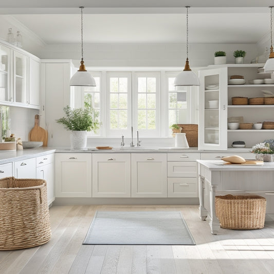 A serene, well-lit kitchen with soft white cabinets, a minimalist island, and a few strategically placed woven baskets, showcasing a harmonious balance of form and function.