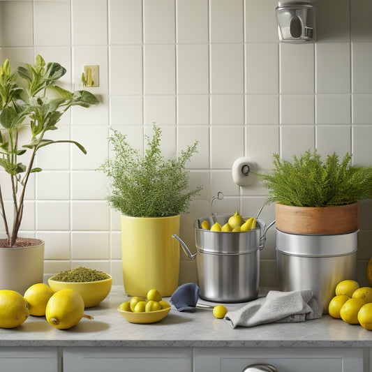 A tidy kitchen countertop with a utensil organizer, a stack of matching canisters, a pull-out trash can, and a few strategically placed hooks, surrounded by a few fresh lemons and a small potted herb.