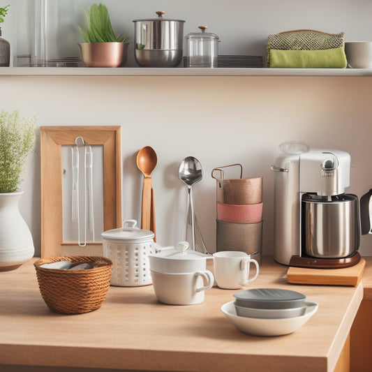 A serene, well-organized small kitchen with a minimalist aesthetic, featuring a short, stainless steel utensil holder, a compact coffee maker, and a few, carefully selected cookbooks on a tidy countertop.