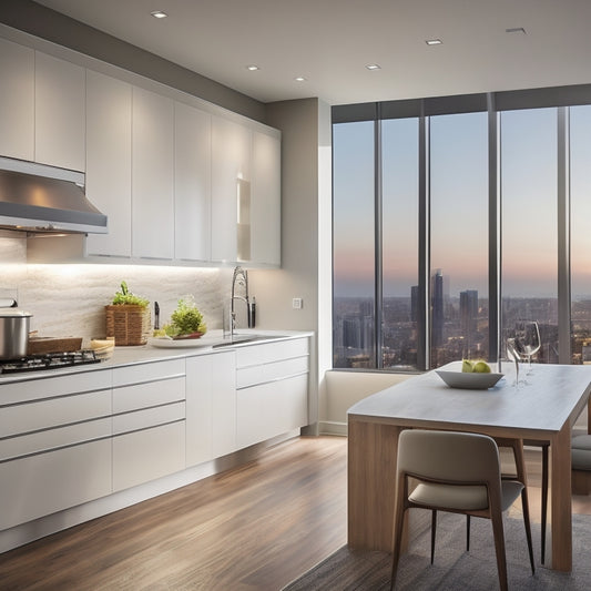 A modern kitchen with sleek, white cabinets featuring soft-close drawers, pull-out pantry, and a built-in wine rack, illuminated by pendant lights and a large window with a city view.