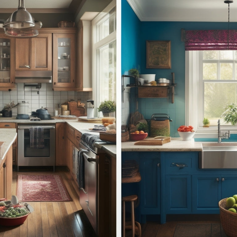 A split-screen image featuring a left-hander comfortably using a kitchen with reversed layout, including a left-mounted sink, and a cluttered, inefficient kitchen with a traditional layout.