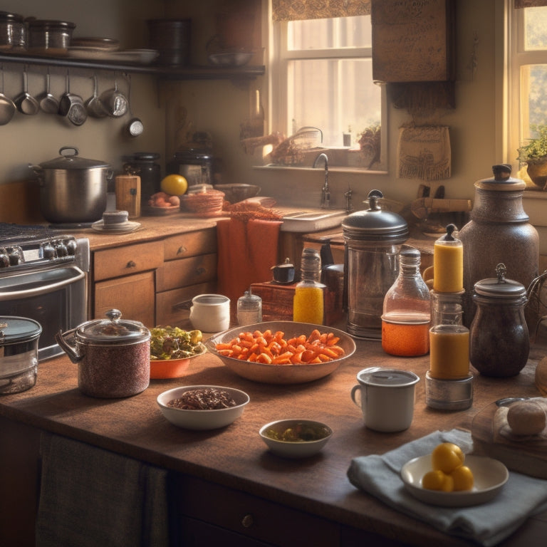 A cluttered kitchen countertop with scattered kitchen gadgets, expired canned goods, and old family photos, surrounded by dusty appliances and worn-out cookbooks, in a warm, golden lighting.