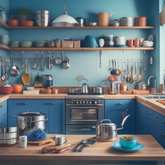 A cluttered small kitchen with pots and pans stacked haphazardly, utensils spilling out of drawers, and a countertops cluttered with appliances, contrasted with a tidy custom storage solution in the background.