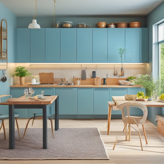 A clutter-free, modern kitchen with a small footprint, featuring a compact island with built-in storage, a wall-mounted pot rack, and a foldable dining table attached to the wall.