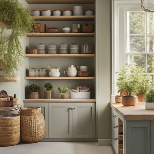 A serene kitchen pantry with sleek, minimalist shelves, neatly organized jars, baskets, and bins in a soothing color palette, illuminated by soft, warm lighting and a few strategically placed green plants.