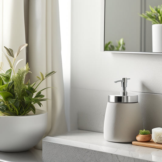 A serene sink area with a minimalist soap dispenser, a sleek toothbrush holder, a small potted plant, and a few neatly rolled towels, set against a crisp white background with subtle gray veining.