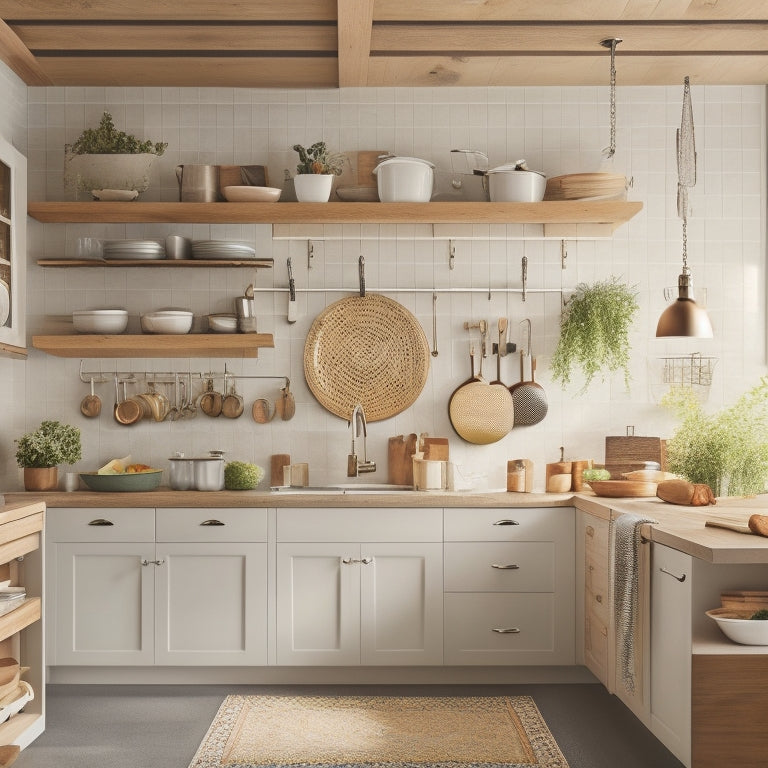 A stylized, well-lit kitchen with open cabinets showcasing a pegboard with hanging utensils, stacked baskets, and a pull-out drawer organizer, surrounded by warm, natural wood tones and crisp white countertops.