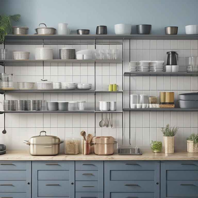 A modern kitchen with various lid rack storage systems: a wall-mounted grid with hanging lids, a countertop organizer with stacked lids, and a cabinet insert with lids standing upright.