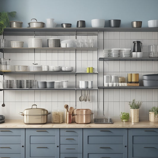 A modern kitchen with various lid rack storage systems: a wall-mounted grid with hanging lids, a countertop organizer with stacked lids, and a cabinet insert with lids standing upright.