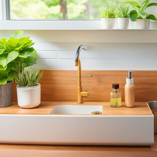 A clutter-free sink area with a sleek, white countertop, featuring a custom-built organizer with three wooden compartments, a stainless steel soap dispenser, and a small potted plant on the side.