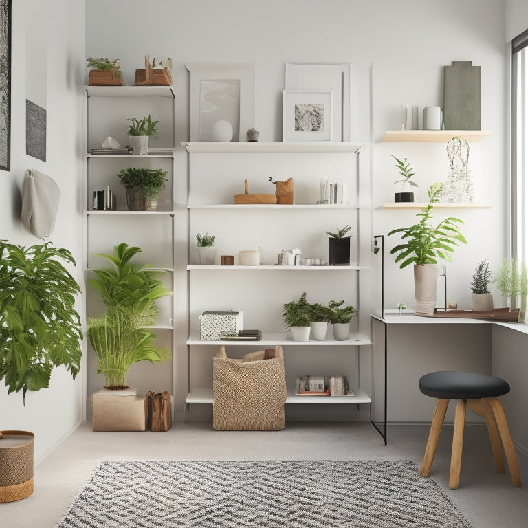 A minimalist, well-lit room with a sleek, white desk, a few, carefully-placed, potted plants, and a geometric-patterned rug, surrounded by neatly-organized shelves and storage units.