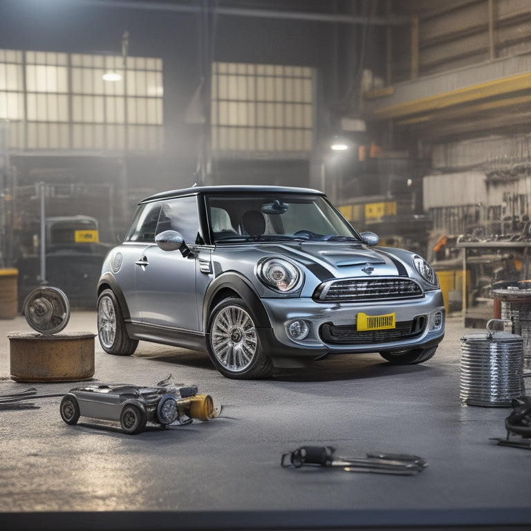 A sleek, silver Mini Cooper with a partially exposed engine, spotlight shining on a shiny new AC compressor clutch, surrounded by tools and a blurred workshop background.