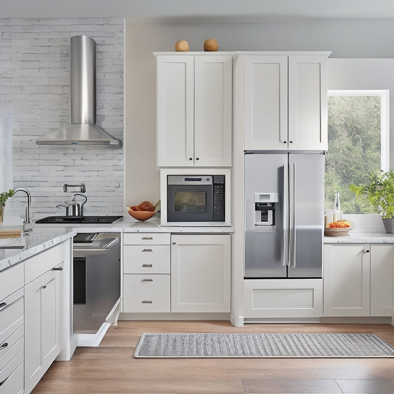 A modern kitchen with sleek, white cabinets, featuring a pull-out pantry with chrome handles, a utensil organizer with built-in knife block, and a matching trash can with a slide-out recycling bin.