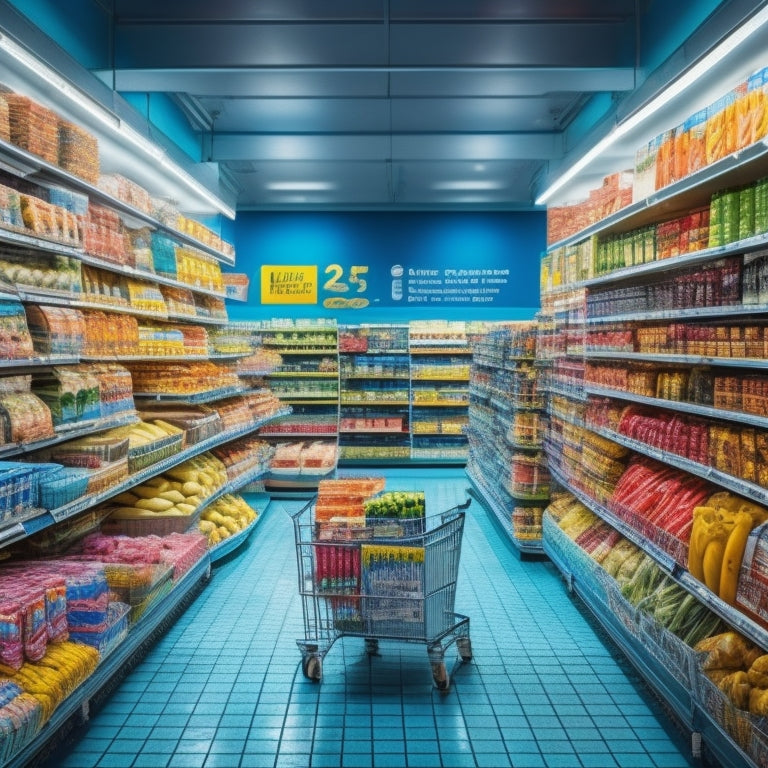 A colorful, bustling grocery store aisle with shelves stacked high with frozen pizzas, baby food jars, and assorted snack packets, surrounded by shopping carts and happy shoppers.