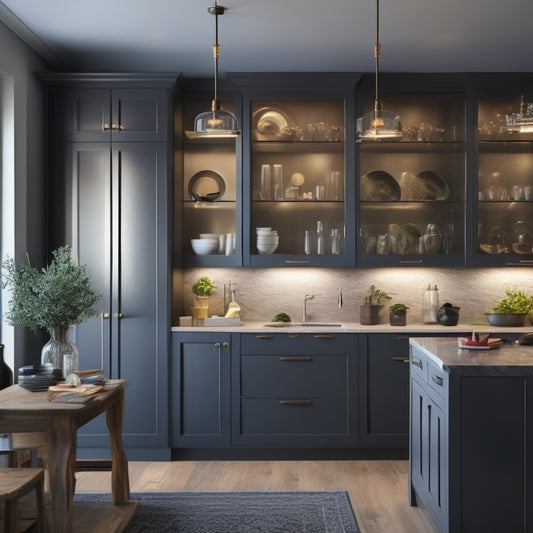 An L-shaped kitchen with sleek, dark gray cabinets, featuring a floor-to-ceiling custom shelving unit with glass doors, wooden shelves, and a built-in wine rack, illuminated by pendant lights.