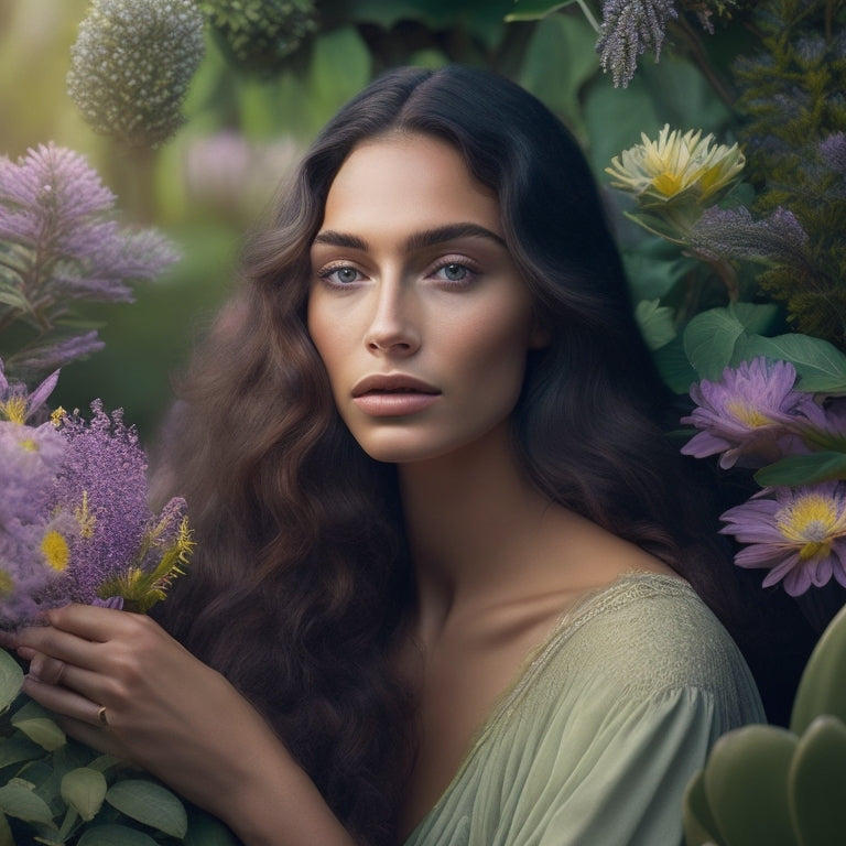 A serene, earthy-toned illustration featuring a woman surrounded by lush greenery, with botanicals like aloe vera, lavender, and chamomile intertwined with her hair, symbolizing harmony with nature.