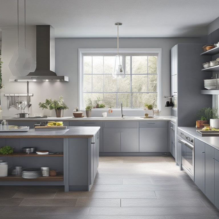 A modern kitchen with sleek, handleless cabinets in soft gray, a waterfall island with built-in cooktop, and a pegboard with organized utensils and cookware, surrounded by natural light.