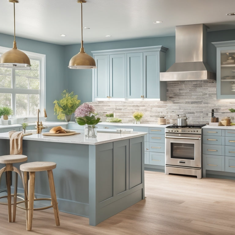 A bright, modern kitchen with sleek countertops, a large island, and a mix of open and closed storage solutions, including baskets, shelves, and cabinets in a calming, neutral color palette.