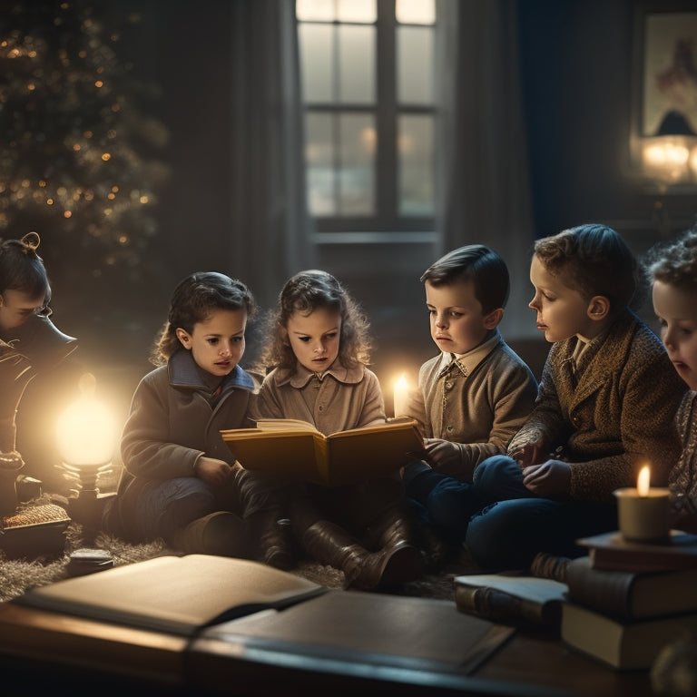 A cozy, dimly lit library scene with a vintage-style projector casting a warm, golden glow on a group of enchanted children, surrounded by swirling clouds and floating book pages.