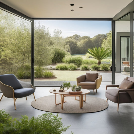 A modern, sleek living room with a curved wheelchair-accessible pathway, minimalist furniture, and a sliding glass door leading to a lush, accessible outdoor space with a ramp.