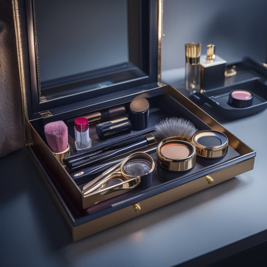 A tidy, well-lit makeup drawer with neatly arranged products, a few open compartments, and a single, elegant makeup brush lying horizontally across a velvet-lined tray.