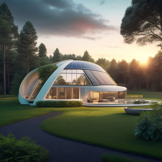 A futuristic home with sleek, silver solar panels and a wind turbine on the roof, surrounded by lush greenery, with a subtle glow of LED lights illuminating the exterior walls.