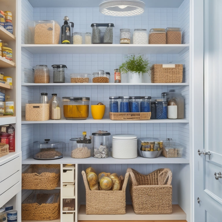 A bright, organized pantry with a mix of open shelves and closed cabinets, featuring a pegboard with hanging baskets, a turntable for spices, and a tiered storage system for canned goods.