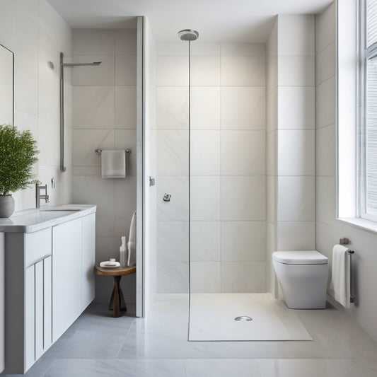 A serene, minimalist bathroom with a wall-mounted sink, a compact toilet, and a spacious walk-in shower with a rainfall showerhead, surrounded by calming white and gray marble tiles.