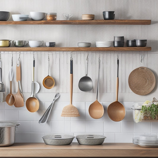 A tidy kitchen countertop with a utensil organizer filled with neatly arranged spatulas, whisks, and spoons, alongside a pegboard with hanging pots, pans, and a chef's hat.