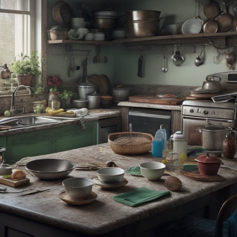 A messy kitchen with countertops cluttered with appliances, dirty dishes, and expired food, surrounded by worn-out kitchen utensils and torn recipe books, with a faint outline of a clean kitchen in the background.