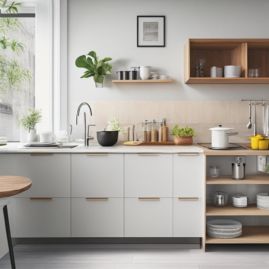 A clutter-free, modern small kitchen with a wall-mounted foldable table, retractable knife block, and a compact, rounded sink with a built-in dish rack, surrounded by sleek, minimalist cabinets.