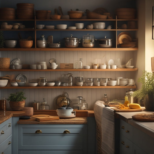 A tidy, well-lit kitchen with soft, warm lighting, featuring a partially open cabinet door revealing organized contents: stacked plates, utensil dividers, and a lazy Susan with spices and oils.