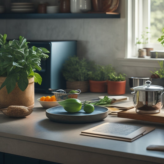 A tidy kitchen counter with a few, carefully selected cookbooks, a small potted herb plant, and a single, shiny chef's knife, surrounded by a calm, creamy background.