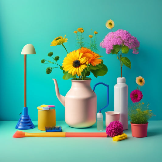 A colorful, minimalist illustration featuring a tidy room with a few curated cleaning supplies, including a vacuum, mop, and bucket, surrounded by blooming flowers and greenery.