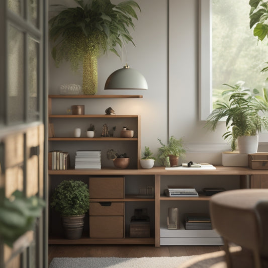 A serene, minimalist workspace with a wooden desk, a neatly organized bookshelf, and a few strategically placed storage bins, surrounded by lush greenery and soft, warm lighting.