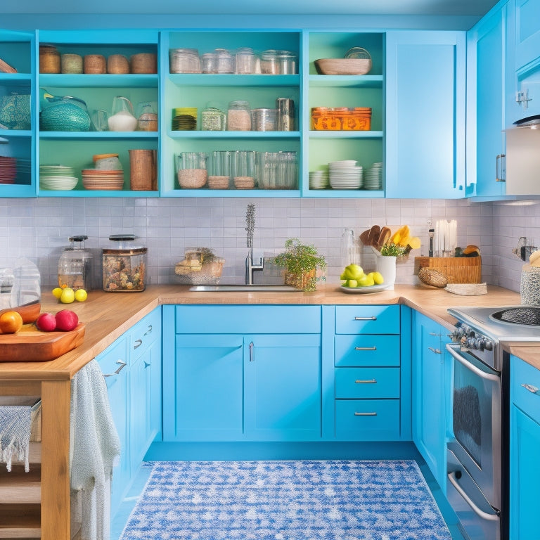 A bright, modern kitchen with a mix of organized and cluttered areas, featuring a utensil organizer on the wall, a lazy Susan in a corner cabinet, and a pull-out trash can under the counter.