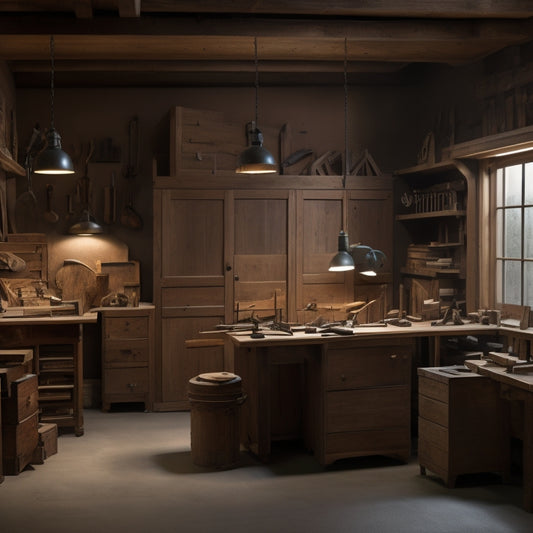 A well-lit, clutter-free workshop with a half-built cabinet in the center, surrounded by various woodworking tools, wooden planks, and measuring instruments, with a subtle wood grain texture in the background.