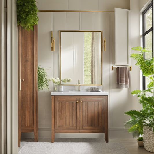 A sleek, modern bathroom with a large, wall-mounted cabinet in a rich wood tone, featuring glass doors and ornate metal hardware, surrounded by crisp white towels and lush greenery.