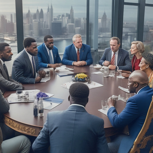 A diverse group of people gathered around a large, circular table with a cityscape background, engaged in a lively discussion with various authority figures, including a mayor, police officer, and community leader.